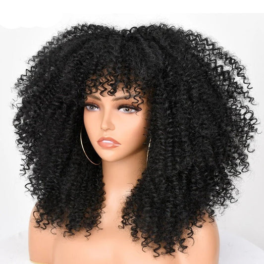 16" Short Kinky Curly Wig with Bangs Natural Synthetic Afro Hair for Black Women - Free Delivery Worldwide only at Flexi Africa