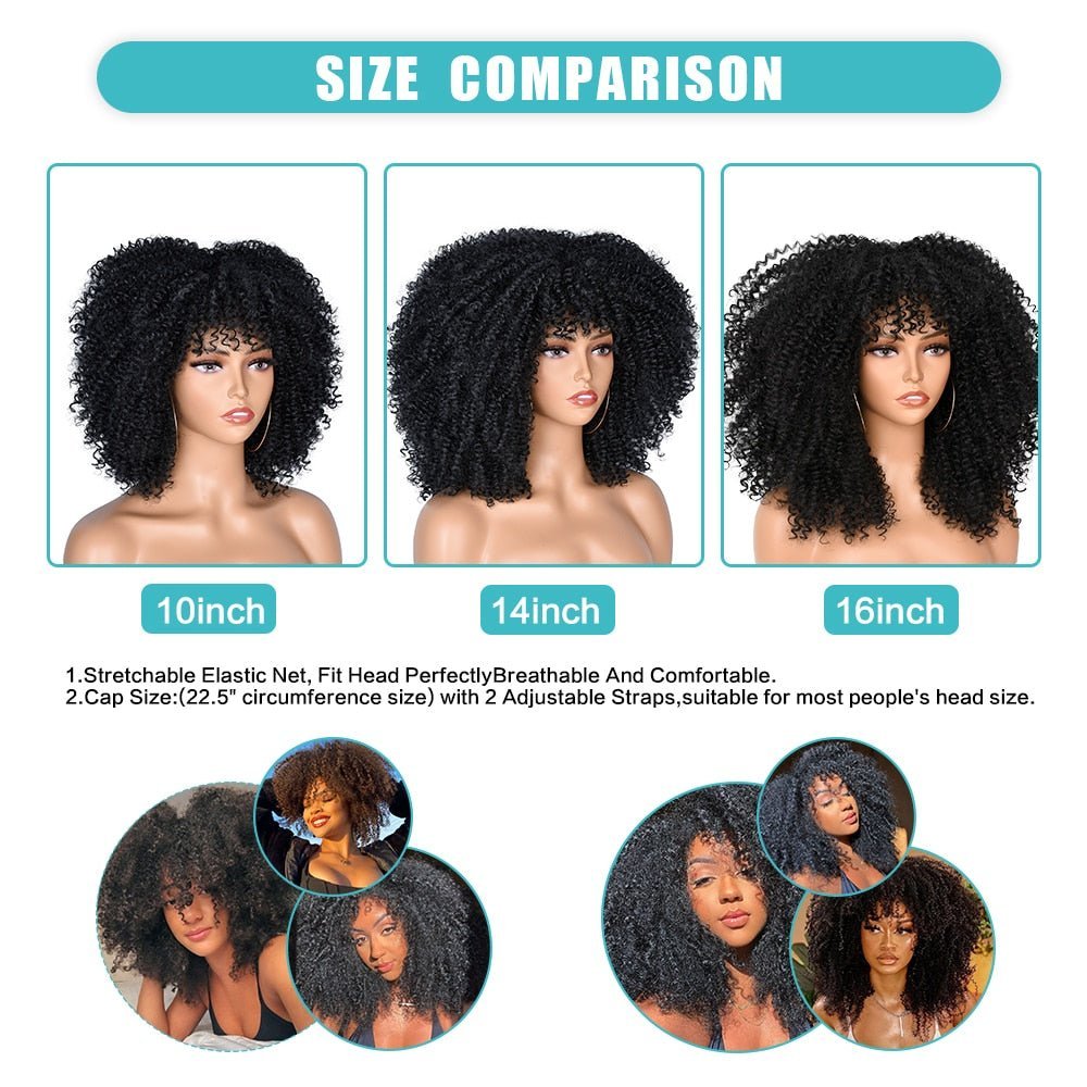 16" Short Kinky Curly Wig with Bangs Natural Synthetic Afro Hair Black Women - Free Delivery Worldwide only at Flexi Africa