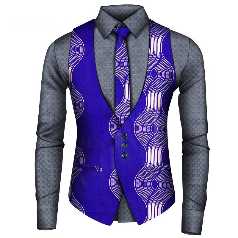 2024 New African Style Vest Men Africa Print Formal Business Casual Slim Vests Shirts Tie Set Men Prom Wedding Party Waistcoa - Free Delivery Worldwide only at Flexi Africa