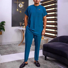 2PC Summer Men Sets Short Sleeve Round Neck Solid Color Simple Shirt and Casual Pants African Men's Suit - Flexi Africa - Flexi Africa offers Free Delivery Worldwide - Vibrant African traditional clothing showcasing bold prints and intricate designs