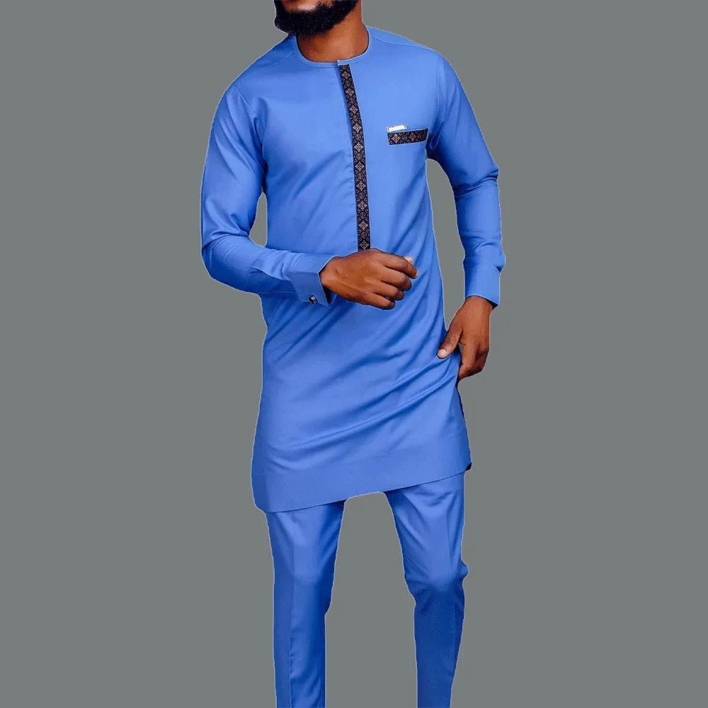 2PC Summer Men Sets Short Sleeve Round Neck Solid Color Simple Shirt and Casual Pants African Men's Suit - Flexi Africa