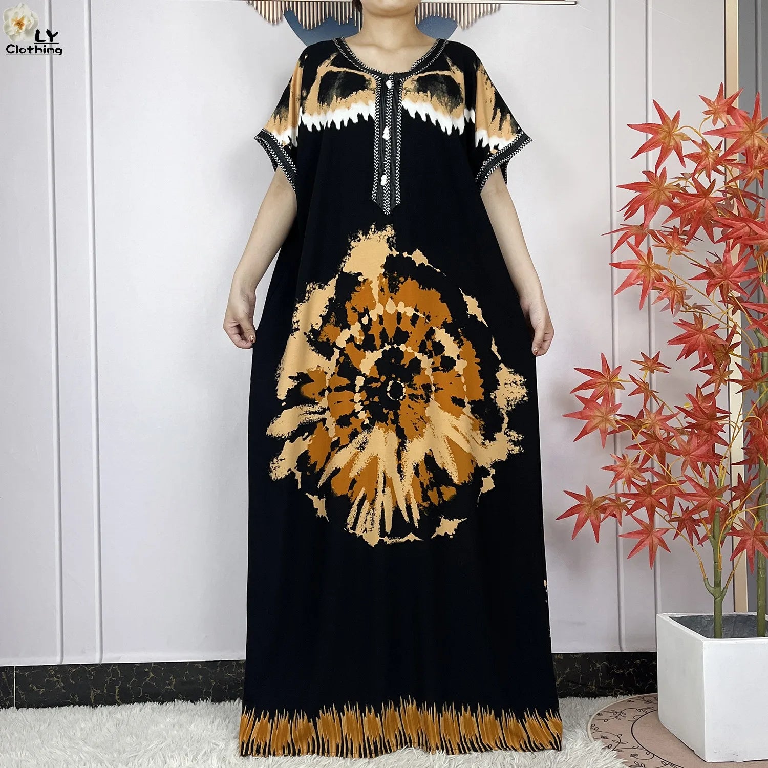 Elegant African Style Cotton Abaya Dress for Women with Patterned Print - Loose Fit Short Sleeve Muslim Rob