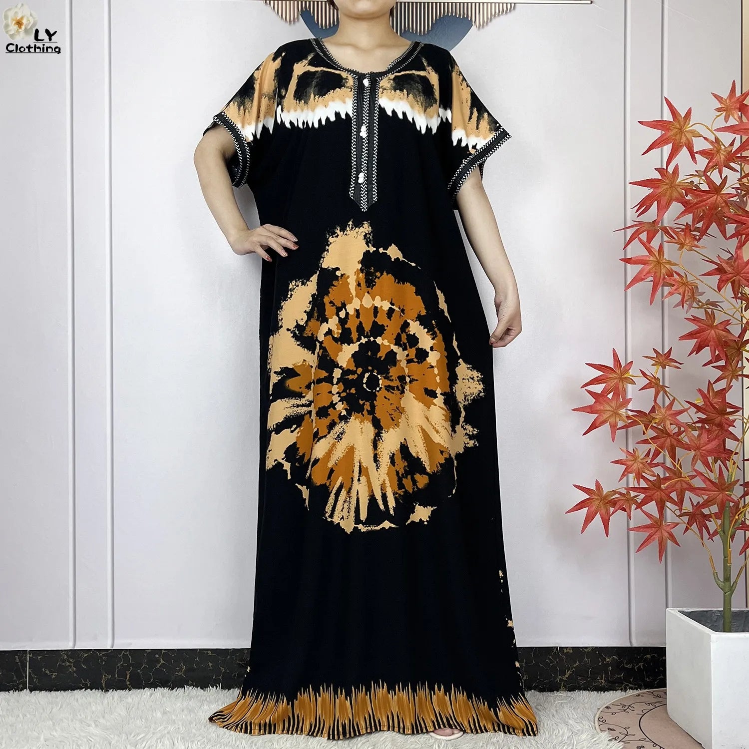 Elegant African Style Cotton Abaya Dress for Women with Patterned Print - Loose Fit Short Sleeve Muslim Rob