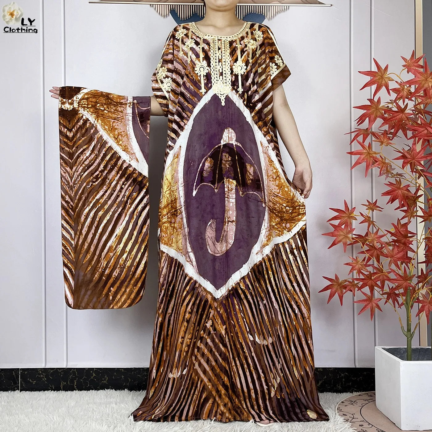 Elegant African Style Cotton Abaya Dress for Women with Patterned Print - Loose Fit Short Sleeve Muslim Rob