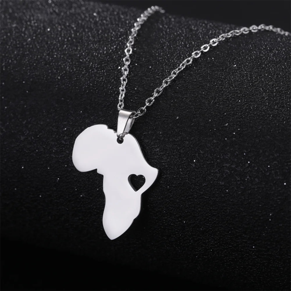 My Shape African Map & Heart Pendant Necklace – Unisex Stainless Steel Choker Chain Jewelry
