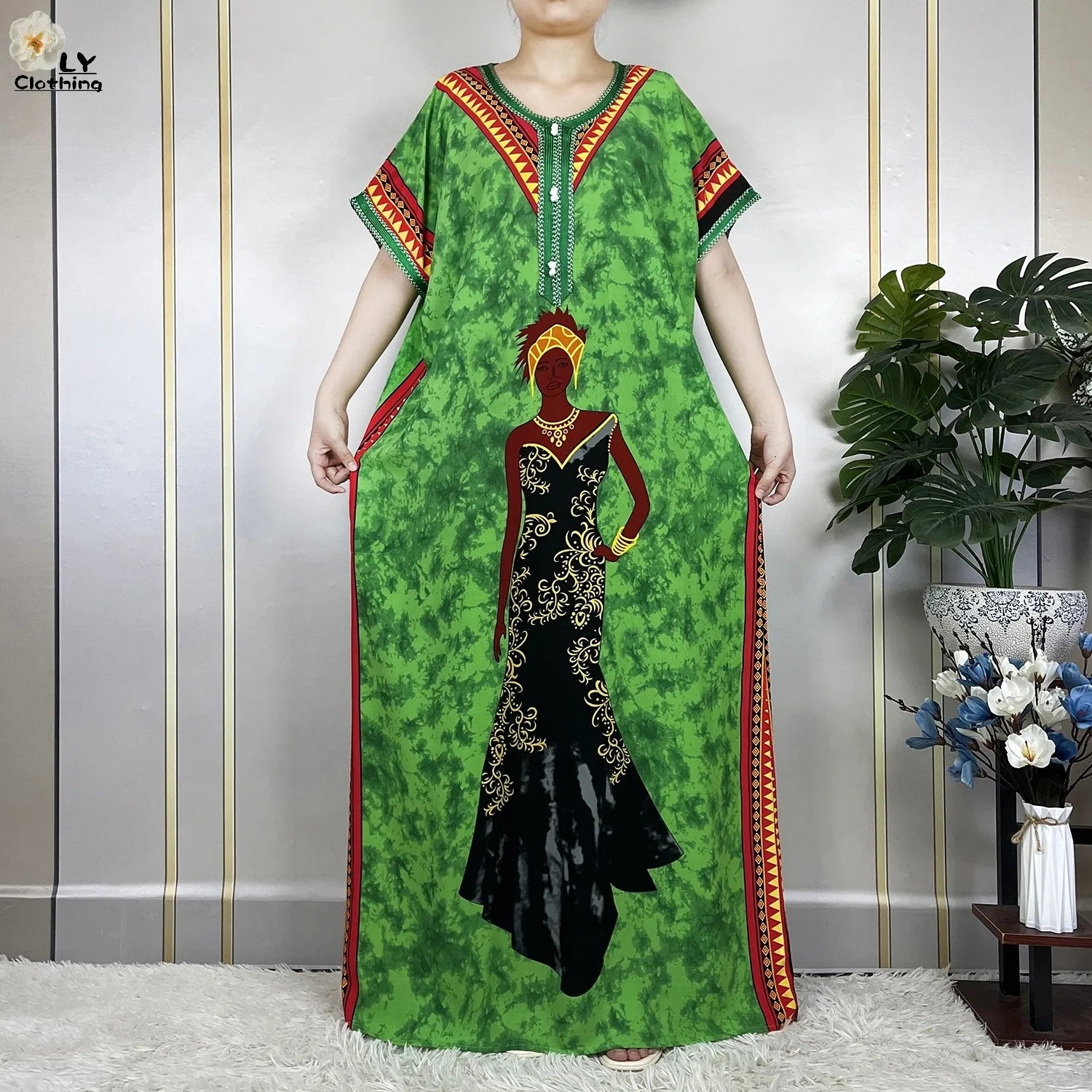 Elegant African Style Cotton Abaya Dress for Women with Patterned Print - Loose Fit Short Sleeve Muslim Rob