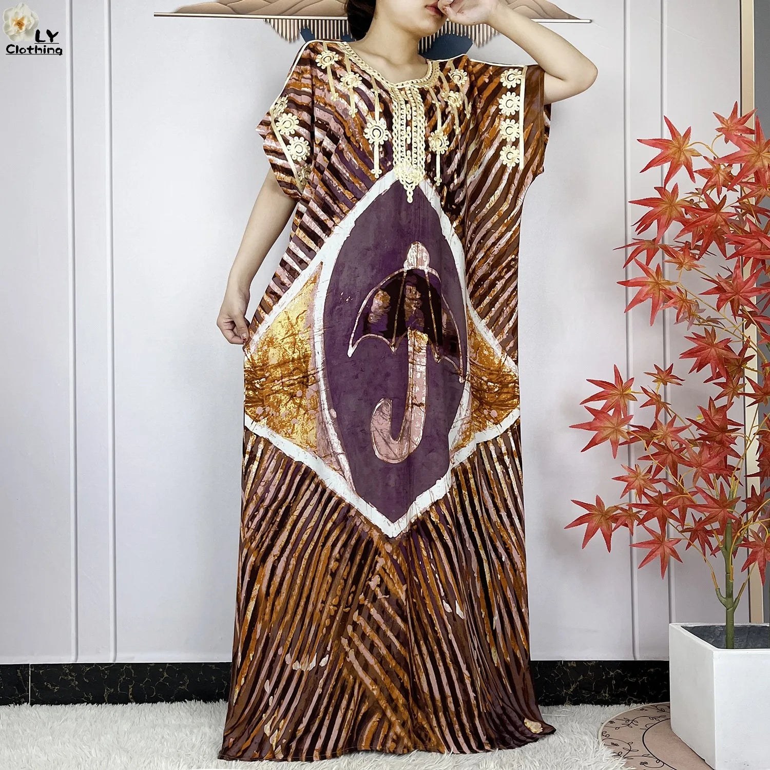 Elegant African Style Cotton Abaya Dress for Women with Patterned Print - Loose Fit Short Sleeve Muslim Rob