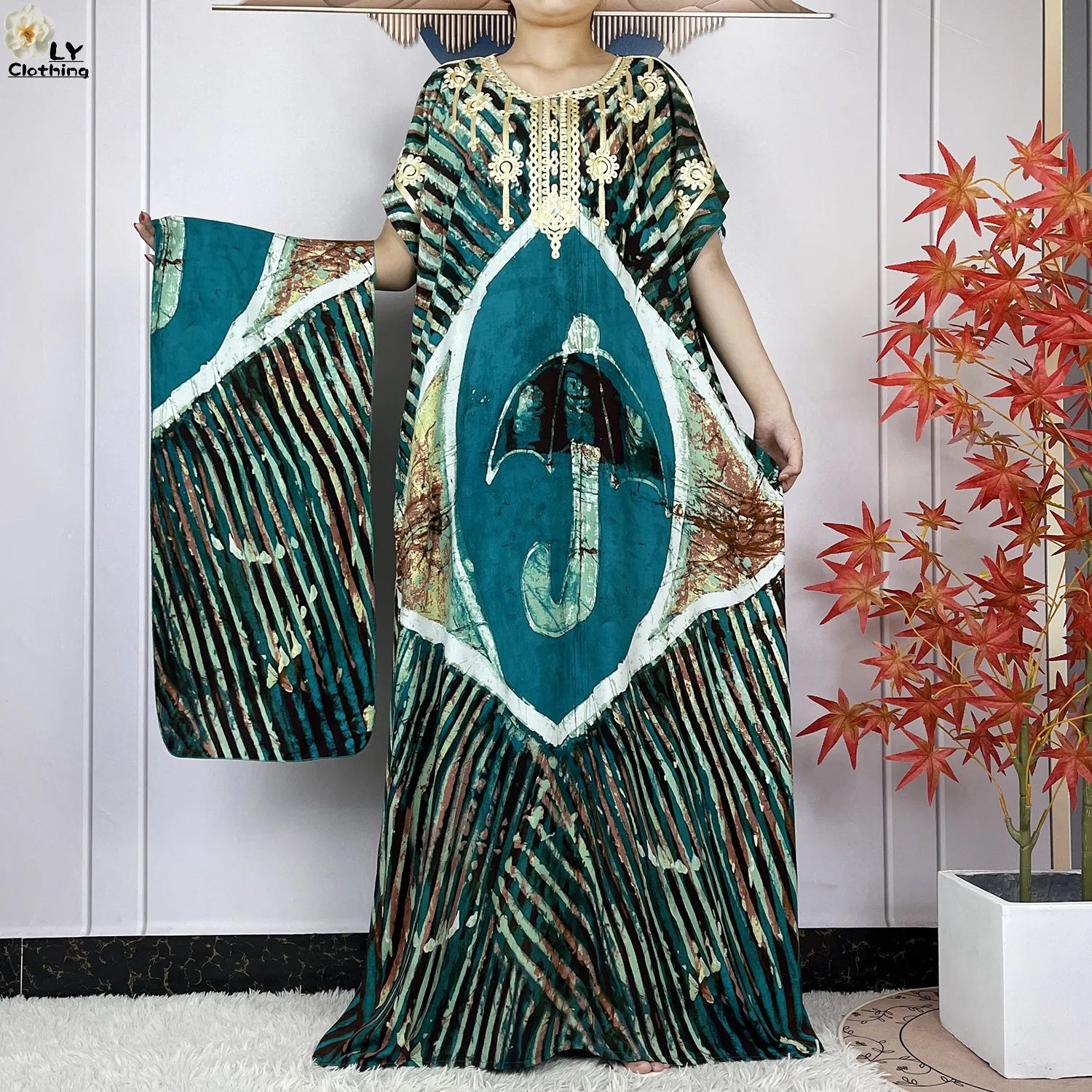 Elegant African Style Cotton Abaya Dress for Women with Patterned Print - Loose Fit Short Sleeve Muslim Rob