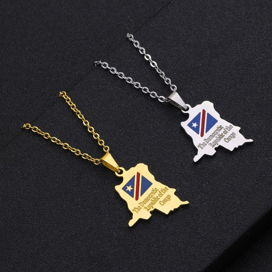 Africa Democratic Republic of the Congo Map Pendant Necklace Stainless Steel Unisex Congolese Ethnic - Free Delivery Worldwide only at Flexi Africa