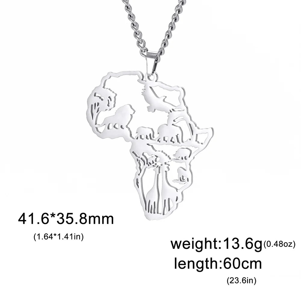 Africa Map Lion Elephant Monkey Giraffe Pendant Necklaces Stainless Steel Animal Chain Choker African Jewelry - Flexi Africa - Flexi Africa offers Free Delivery Worldwide - Vibrant African traditional clothing showcasing bold prints and intricate designs