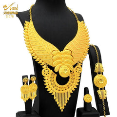 African Bridal Wedding Party Jewelry Set: Gold-Colored Necklace, Earrings, and Big Pendant Ensemble - Flexi Africa FREE POST