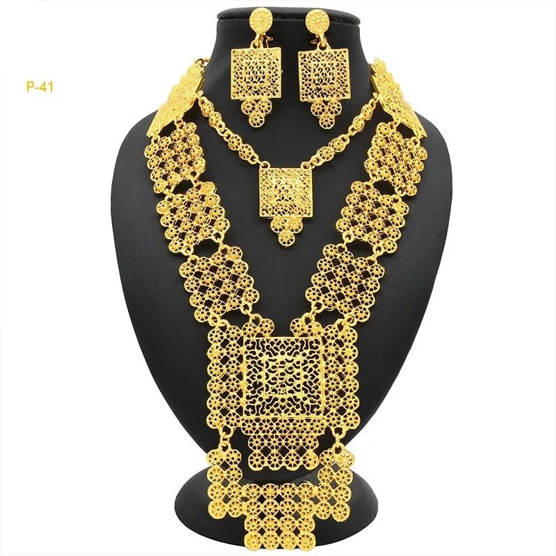 African Bridal Wedding Party Jewelry Set: Gold-Colored Necklace, Earrings, and Big Pendant Ensemble - Flexi Africa - Flexi Africa offers Free Delivery Worldwide - Vibrant African traditional clothing showcasing bold prints and intricate designs