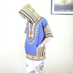 African Classic Dashiki with Pockets Mens Blue Printed Dashiki Hoodie - Free Delivery Worldwide only at Flexi Africa