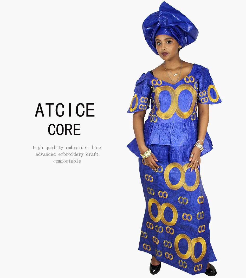 African Dress For Women Bazin Riche Embroidery Design Top Wrapper With Scarf - Free Delivery Worldwide only at Flexi Africa