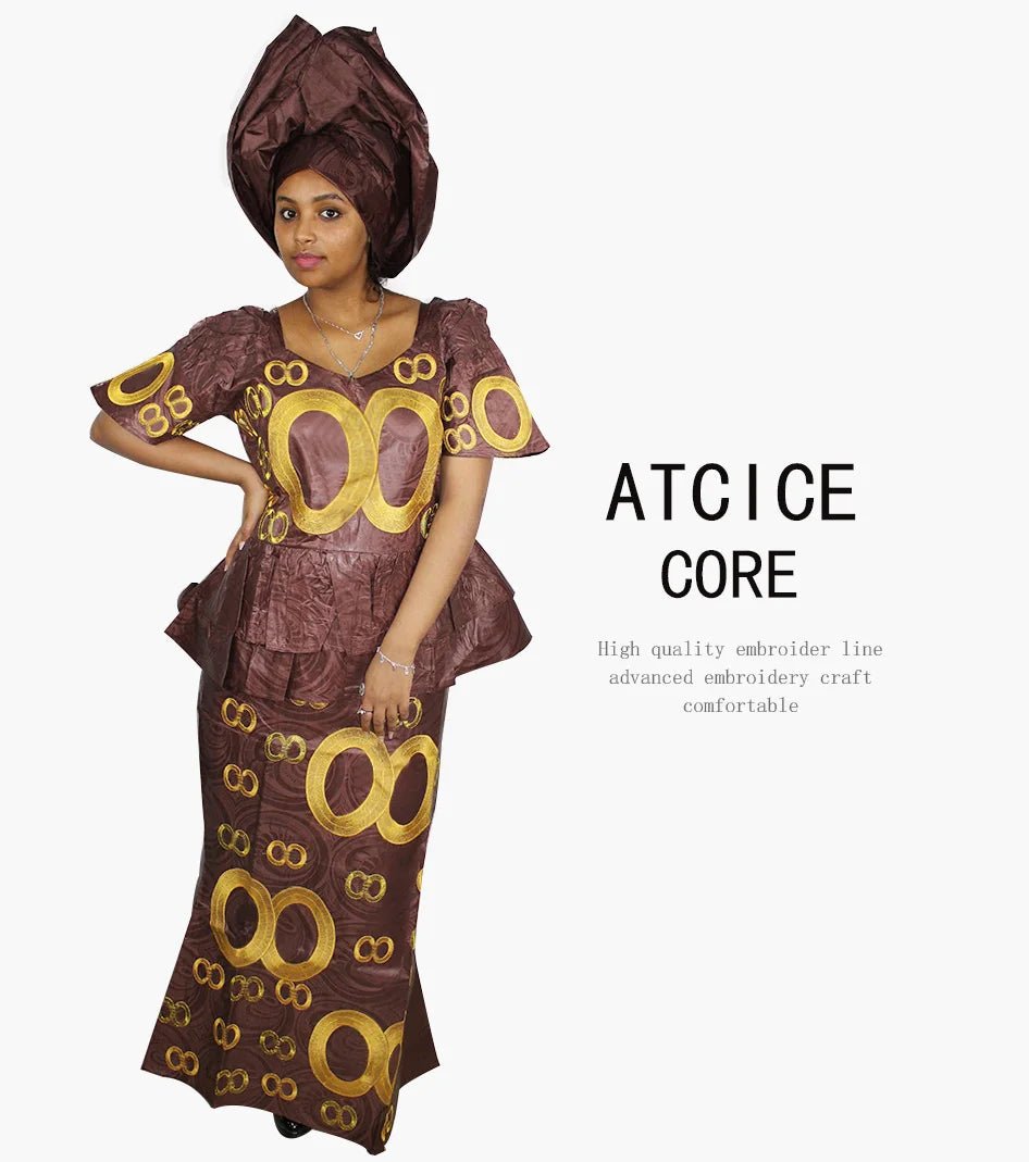 African Dress For Women Bazin Riche Embroidery Design Top Wrapper With Scarf - Free Delivery Worldwide only at Flexi Africa