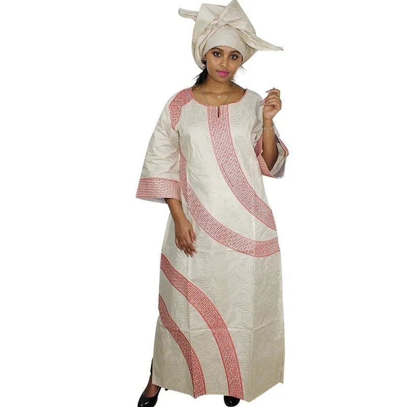 African Dresses For Women Fashion Design New African Bazin Embroidery Design Long Dress With Scarf - Flexi Africa - Flexi Africa offers Free Delivery Worldwide - Vibrant African traditional clothing showcasing bold prints and intricate designs