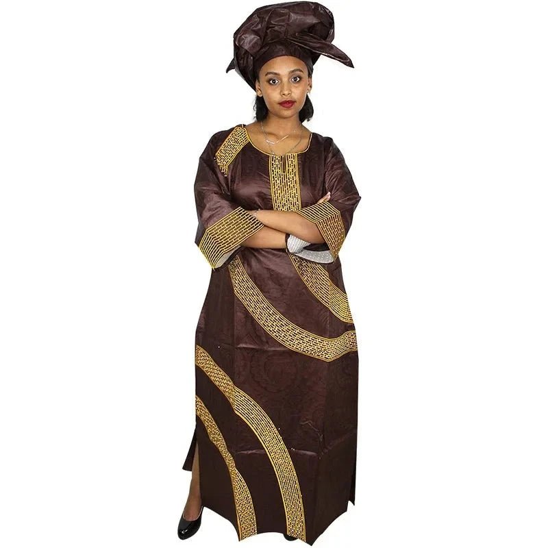 African Dresses For Women Fashion Design New African Bazin Embroidery Design Long Dress With Scarf - Flexi Africa - Flexi Africa offers Free Delivery Worldwide - Vibrant African traditional clothing showcasing bold prints and intricate designs