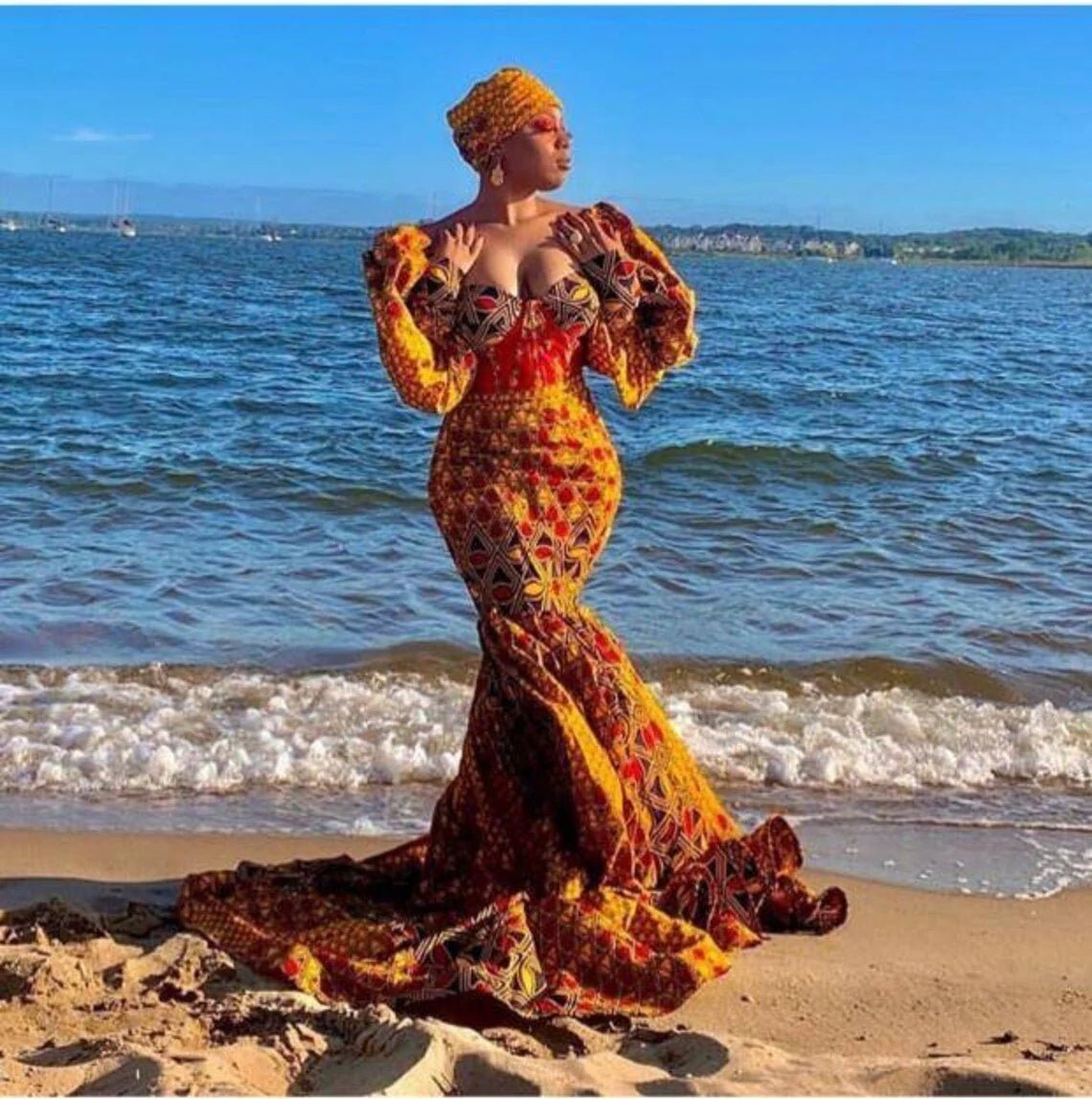 African Elegance: Embrace the Beauty of Ankara in a Stunning Mermaid Gown - Free Delivery Worldwide only at Flexi Africa