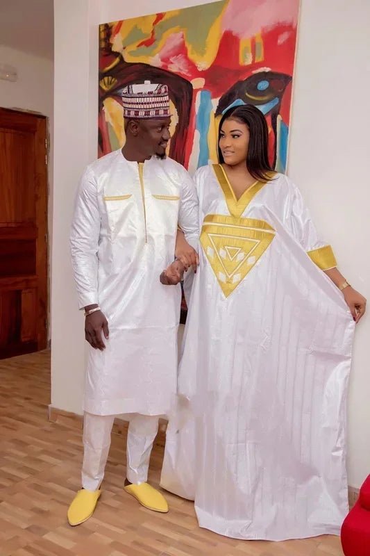 African Fashion: Agbada Embroidery Design Long Dress for Women and Couples - Flexi Africa - Flexi Africa offers Free Delivery Worldwide - Vibrant African traditional clothing showcasing bold prints and intricate designs