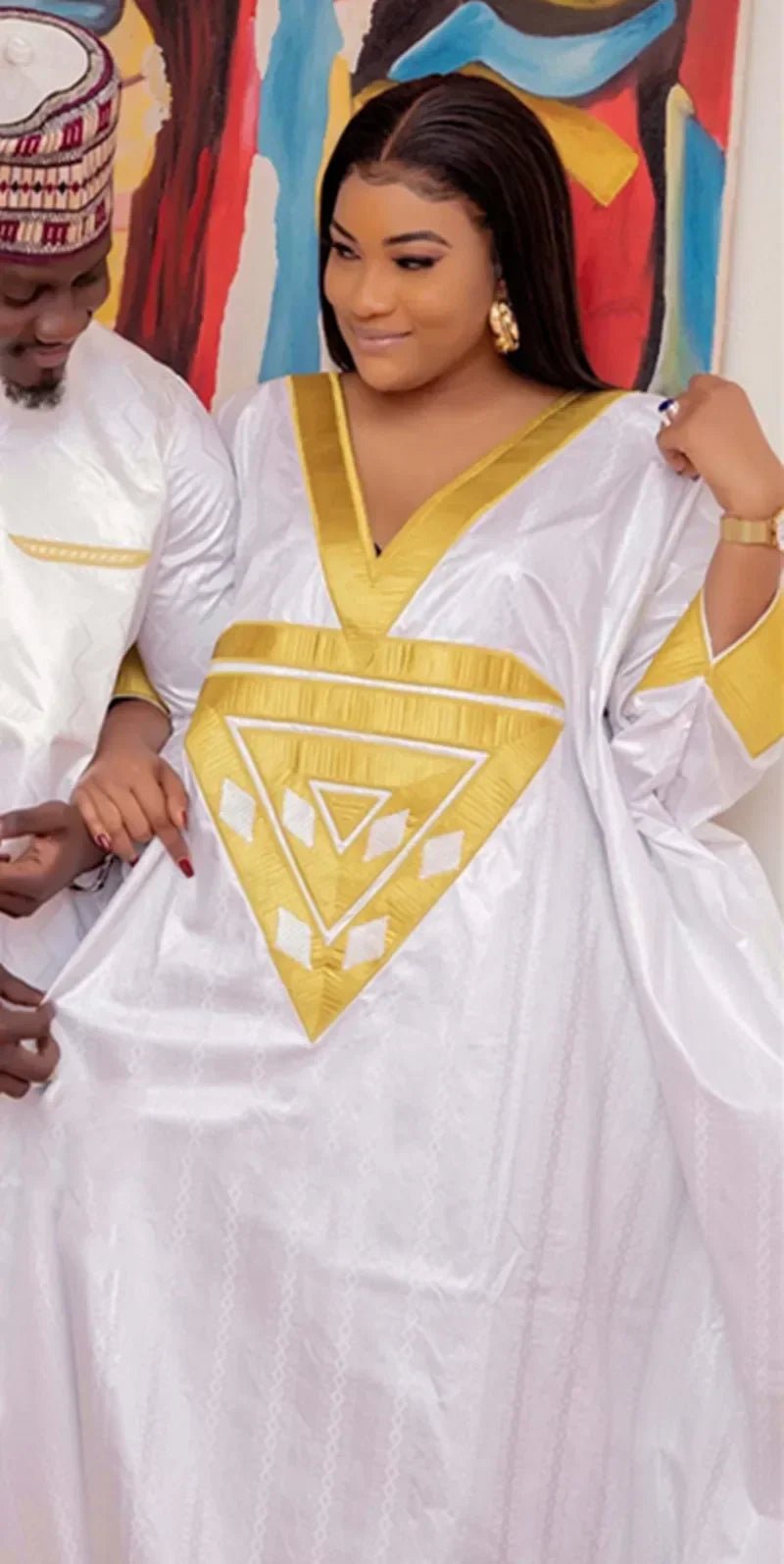 African Fashion: Agbada Embroidery Design Long Dress for Women and Couples - Flexi Africa - Flexi Africa offers Free Delivery Worldwide - Vibrant African traditional clothing showcasing bold prints and intricate designs