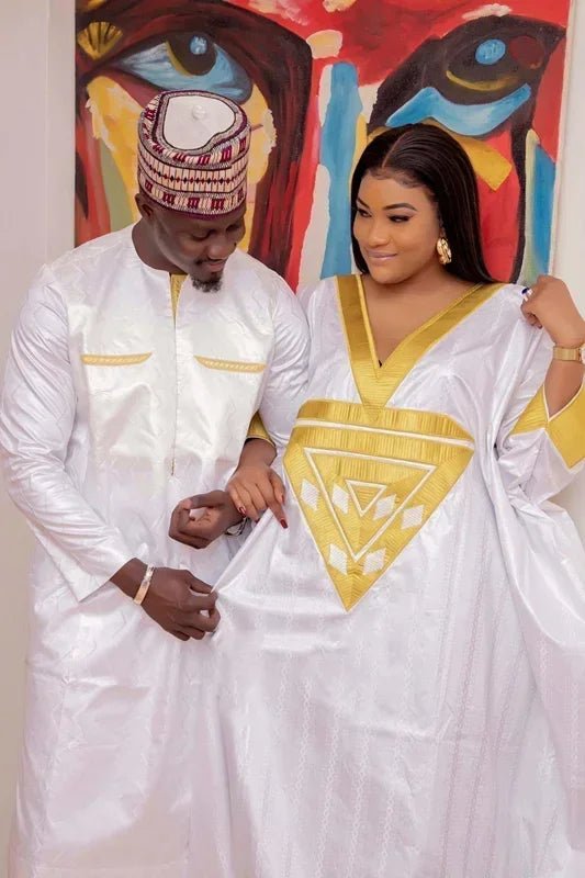 African Fashion: Agbada Embroidery Design Long Dress for Women and Couples - Flexi Africa - Flexi Africa offers Free Delivery Worldwide - Vibrant African traditional clothing showcasing bold prints and intricate designs