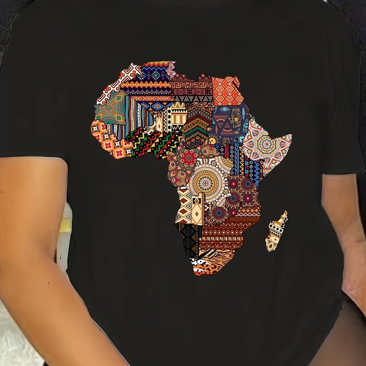 African - Inspired Patterned T-Shirt for Women, 95% Polyester 5% Elastane, Crew Neck Short Sleeve Top, Casual Loose Fit, Summer & Spring Fashion, Black, Spring Fashion Top | Casual Crew Neck | Glossy Fabric - Free Delivery Worldwide only at Flexi Africa