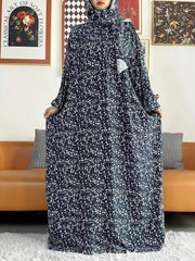 African Muslim Women Hooded Cotton Prayer Garment Kaftan With Hijab Floral Prints - Flexi Africa - www.flexiafrica.com