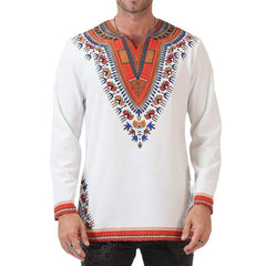 African Print Shirts for Men - White Polished Cotton Tops with Dashiki Design Plus Size Long T-shirts - Flexi Africa