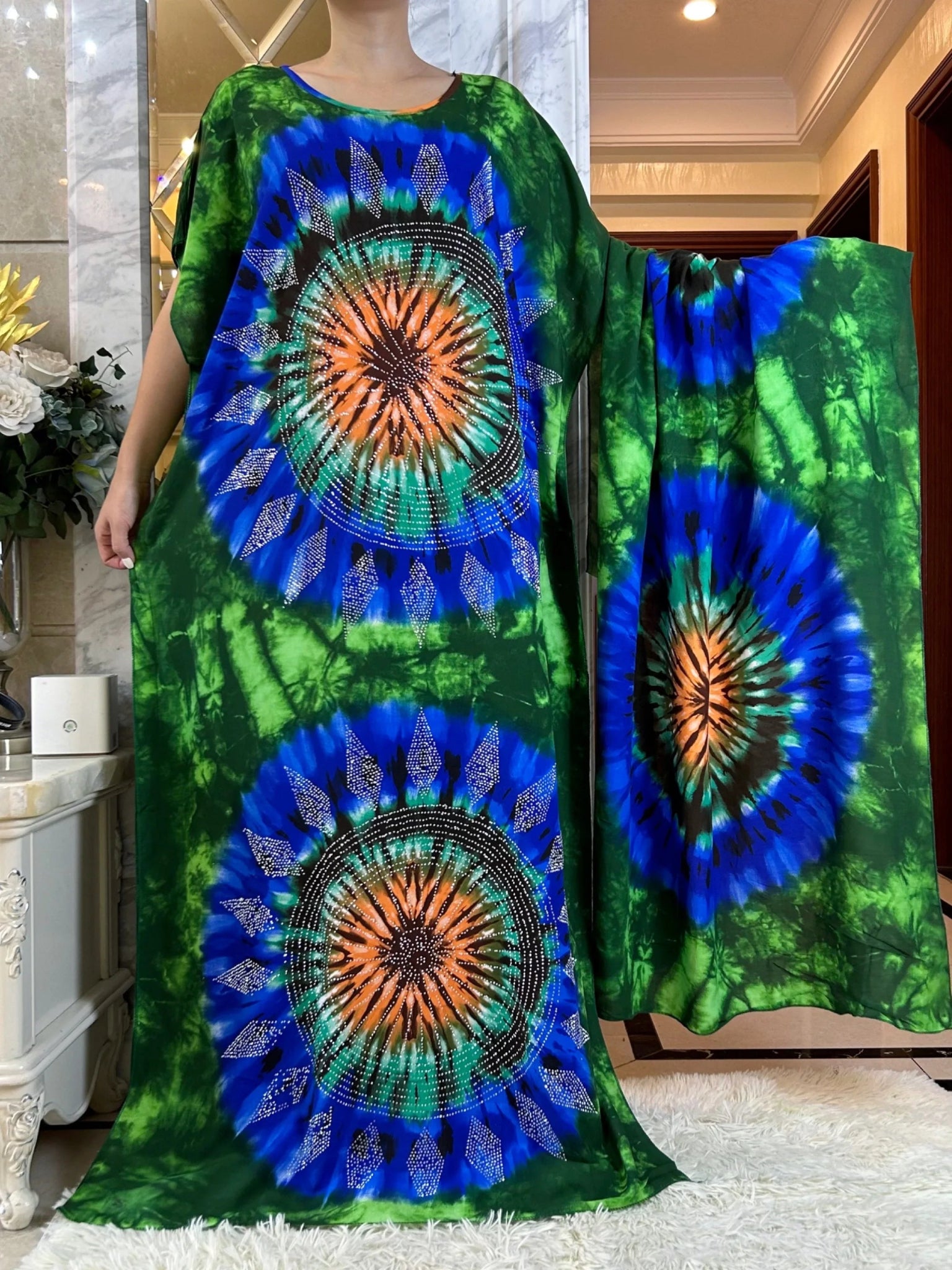 African Summer Abaya Dress: Short Sleeve Dashiki Design with Oversized Floral Scarf - Flexi Africa - Flexi Africa offers Free Delivery Worldwide - Vibrant African traditional clothing showcasing bold prints and intricate designs