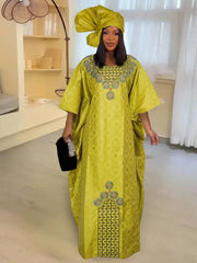 African Traditional Dashiki Bazin Dresses for Women - Plus Size Long Gown with Nigerian Turban, Elegant African Outfits - Free Delivery Worldwide only at Flexi Africa