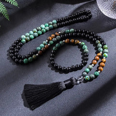 African Turquoise, Black Agate, and Yellow Tiger Eye Bead Japamala Meditation Necklace and Bracelet Set: Yoga Rosary Jewelry