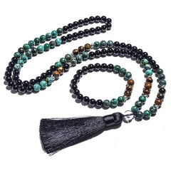 African Turquoise, Black Agate, and Yellow Tiger Eye Bead Japamala Meditation Necklace and Bracelet Set: Yoga Rosary Jewelry