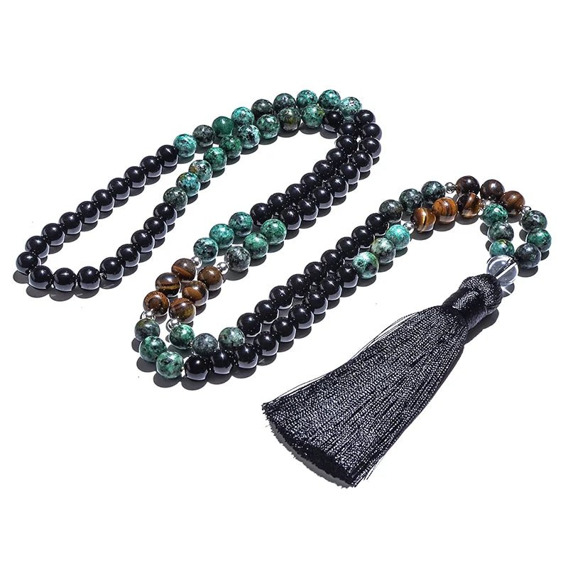 African Turquoise, Black Agate, and Yellow Tiger Eye Bead Japamala Meditation Necklace and Bracelet Set: Yoga Rosary Jewelry - Flexi Africa - Flexi Africa offers Free Delivery Worldwide - Vibrant African traditional clothing showcasing bold prints and intricate designs