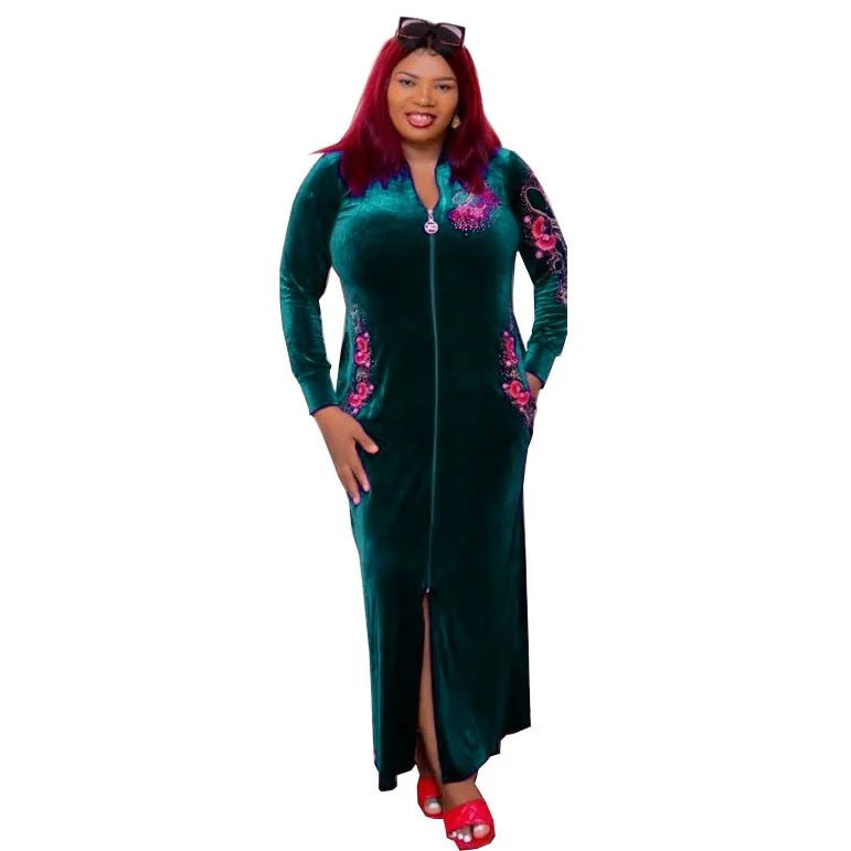 African Velvet Maxi Dress: Letter Robe Style with Sequins, O-Neck and Short Sleeves - Flexi Africa - www.flexiafrica.com