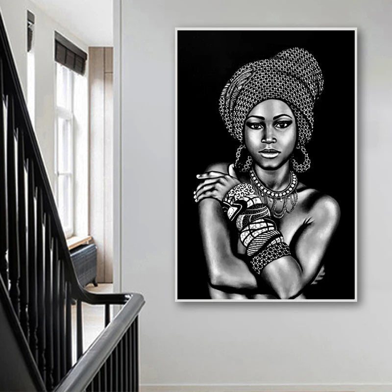 Black and White African Portrait Canvas Painting: Elegant Wall Art for Living Room and Home Décor - Flexi Africa - Flexi Africa offers Free Delivery Worldwide - Vibrant African traditional clothing showcasing bold prints and intricate designs