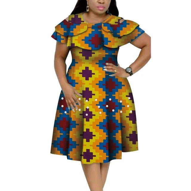 Bazin Riche African Ruffles Collar Dress with Dashiki Print and Pearls for Women. Flexi Africa offers Free Delivery Worldwide