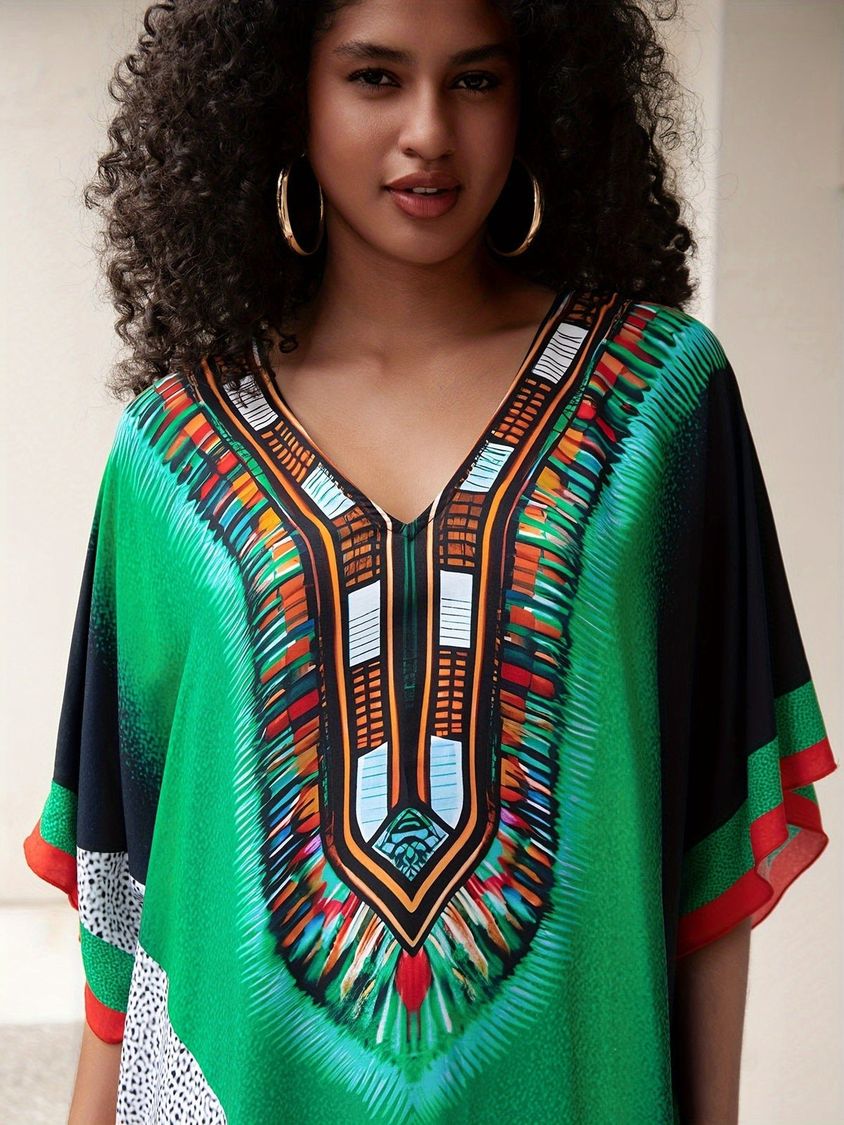 Caftan Dress Plus Size Boho Beach Cover - Up, Multi - Color Tribal Print - Flexi Africa - Free Delivery Worldwide only at www.flexiafrica.com