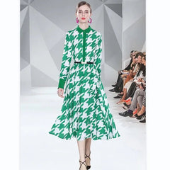 Chic Black/Green Houndstooth Maxi Dress: Elegant Lapel, Long Sleeve, Elastic Waist Design for Women - Free Delivery Worldwide only at Flexi Africa