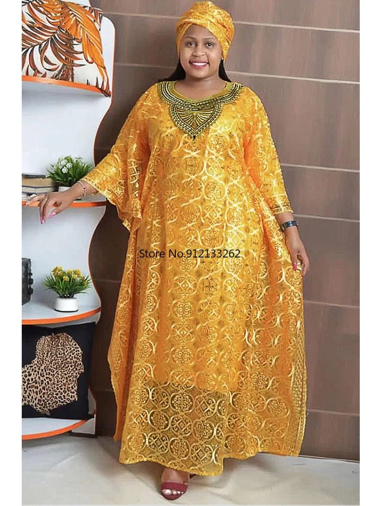 Dashiki African Dresses for Women Spring Summer African Women Blue Yellow O - neck Long Dress Inner and Headtie African Clothes - Free Delivery Worldwide only at Flexi Africa