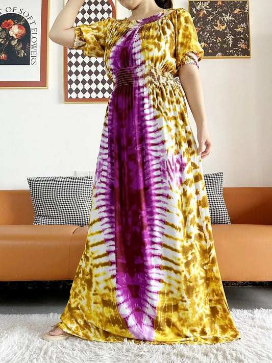 Dashiki Cotton Floral Print Dress for Women - Vibrant Tie-dye Design, Short Sleeves - Flexi Africa - www.flexiafrica.com