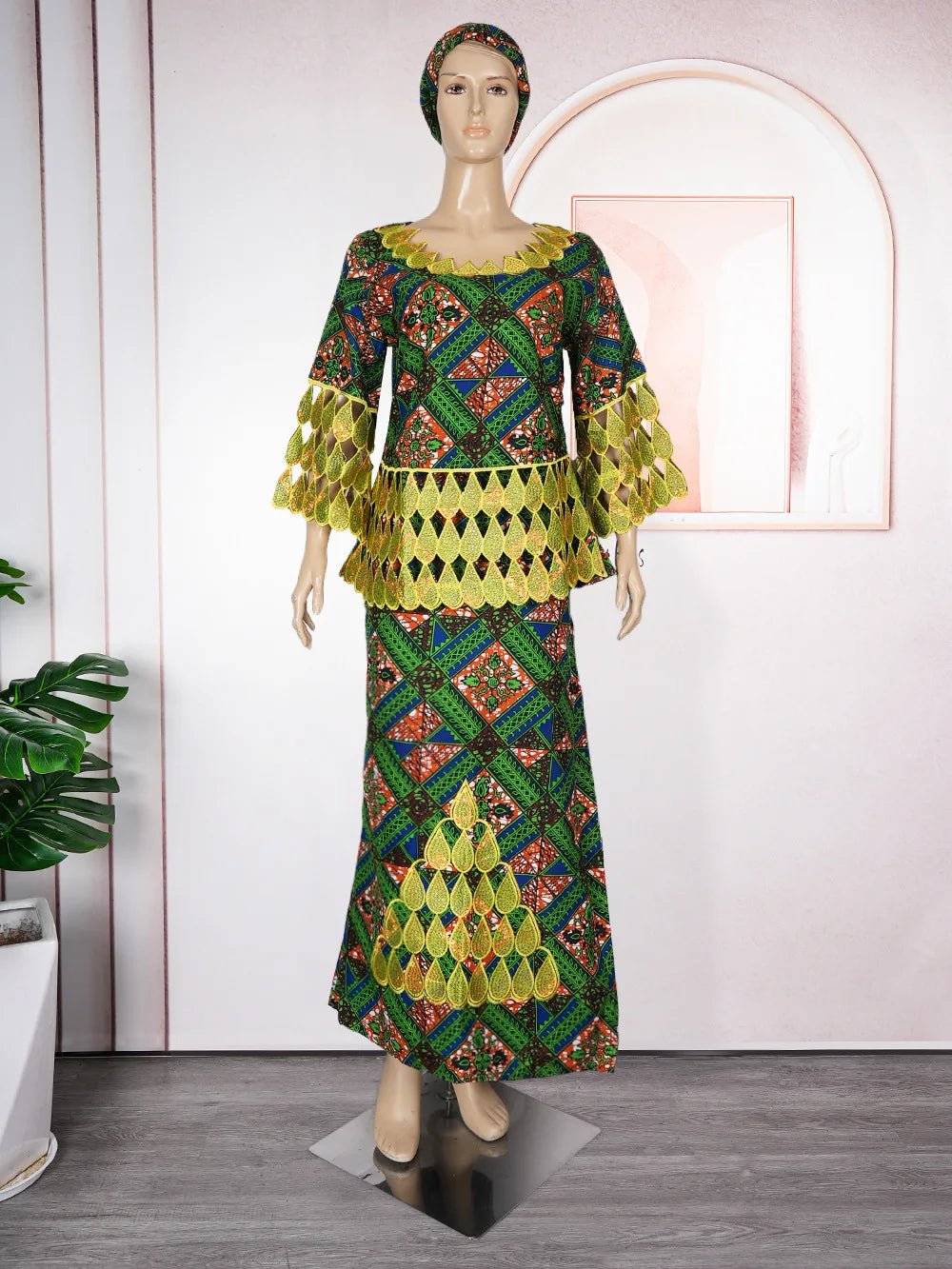 Dashiki Embroidery Plus Size Matching Sets: African Clothes for Women - Wedding Party Evenings, Complete with Headscar - Free Delivery Worldwide only at Flexi Africa