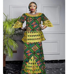 Dashiki Embroidery Plus Size Matching Sets: African Clothes for Women - Wedding Party Evenings, Complete with Headscar - Free Delivery Worldwide only at Flexi Africa