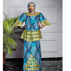 Dashiki Embroidery Plus Size Matching Sets: African Clothes for Women - Wedding Party Evenings, Complete with Headscar - Free Delivery Worldwide only at Flexi Africa