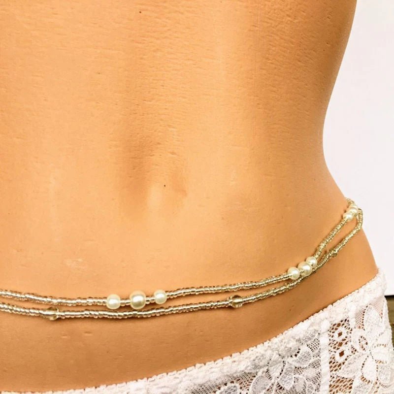 Double Strand Waist Pearl Beads Body Jewelry: Bohemian Belly Beads, Elastic Waist Chain, African Body Waist Bead - Flexi Africa - Flexi Africa offers Free Delivery Worldwide - Vibrant African traditional clothing showcasing bold prints and intricate designs