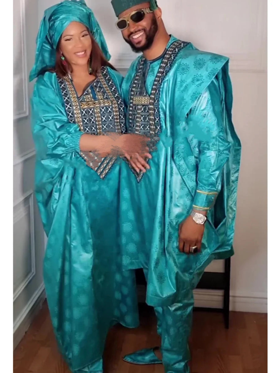 Elegant African Dresses for Women Traditional Bazin Embroidery Wedding Party Dresses Dashiki African Couples Matching Clothes - Free Delivery Worldwide only at Flexi Africa