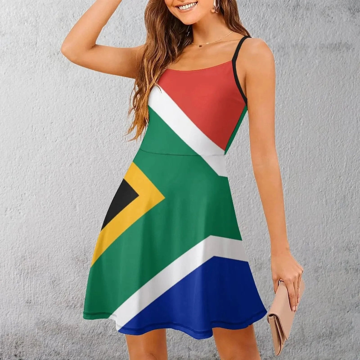 Elegant and Exotic Gown Inspired by South African Flag: A Unique Suspender Dress Blending Modern Styles - Free Delivery Worldwide only at Flexi Africa