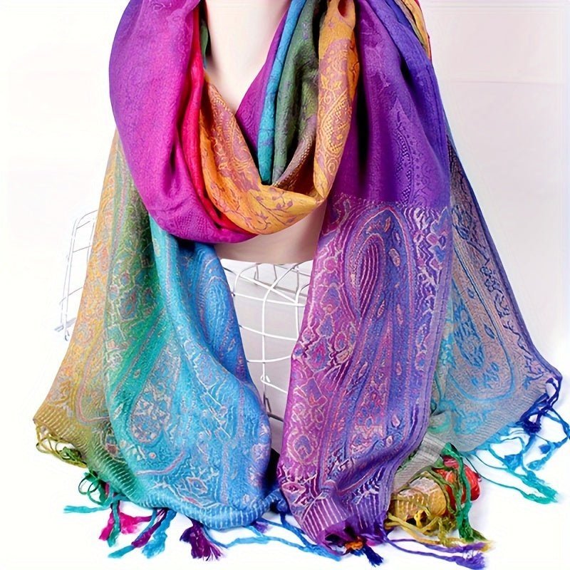 Elegant Jacquard Satin Paisley Scarf: Boho Rainbow Gradient Tassel Shawl - Trendy Windproof Warm Wrap - Free Delivery