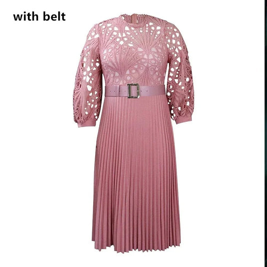 Elegant Summer Women's Lace Dress - Round Neck, 3/4 Sleeves, Belted, Pleated, and Sexy Hollow Design for Evenings - Free Delivery Worldwide only at Flexi Africa