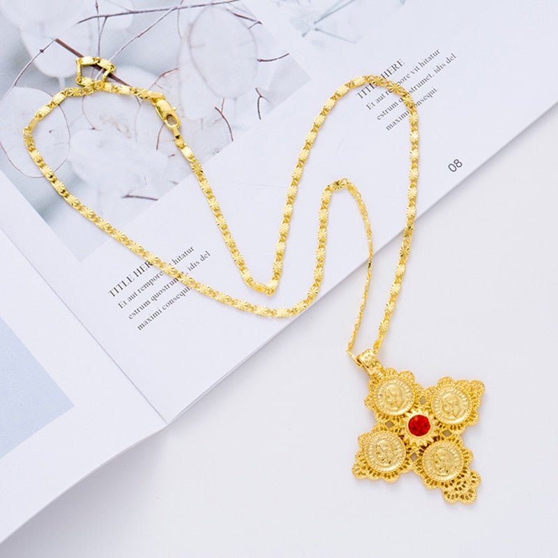 Ethiopian Cross Coin Pendant: Gold Colored Wedding Jewelry with Cultural Significance - Flexi Africa Free Delivery Worldwide