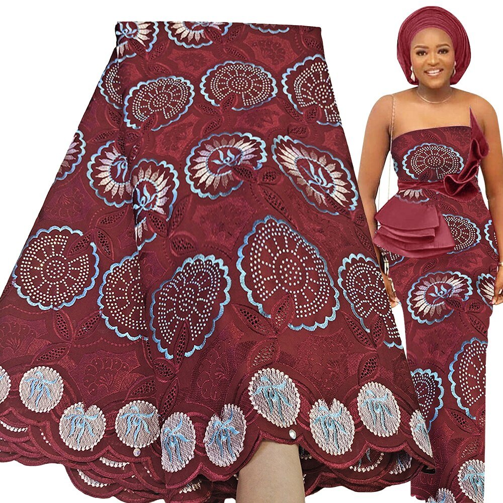 Exquisite Nigerian Party Stone Embroidery Gown: Fashion's 100% Cotton Voile Lace Fabric 2.5 Yards - Flexi Africa